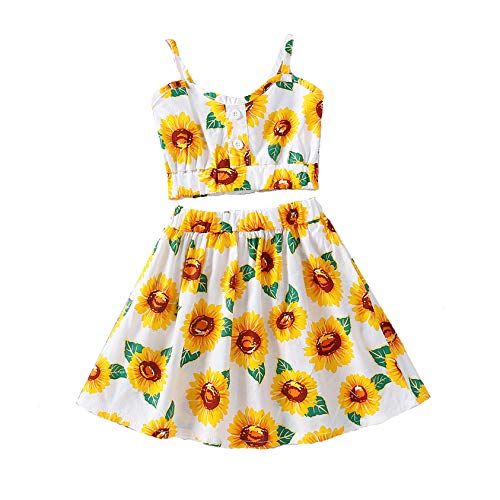 Kid Girls Sunflower Dress Spaghetti Strap Crop Top V Neck Floral Ruffle Maxi Skirt Toddler 2PCS Outfits Set (D-White, 3-4T)