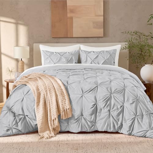 Image of Andency Oversized King Pinch Pleat Comforter Set (120 inchx98 inch),3 Piece Lightweight Pintuck Bedding Comforters & Sets, Fluffy Down Alternative Comforter with 2 Pillow Shams for All Season,Light Gray
