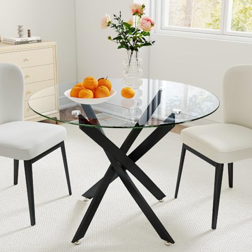 Zevemomo 35.5 Glass Dining Table for 4 Round Coffee Table with Tempered Glass Top Black Metal Legs Modern Circle Glass Dinner Kitchen Table for Apartment Home Office