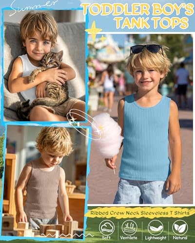 Image of 4 Pack Toddler Boys Cotton Tank Tops | Ribbed, Sleeveless T-Shirts, Summer Undershirts, Slim Fit, Crewneck, Layering, Sizes 18M-5T