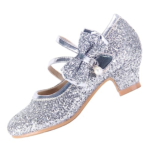 EIGHT KM Girls High Heel Dress Shoes Mary Jane Princess Wedding Party Pump Shoes EKM7035 Sparkle Glittery Crystal Pearl Bow Silver US Big Kid Size 5