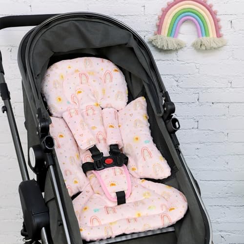 Image of Infant Car Seat Insert and Strap Covers, Very Soft Car Seat Head Support Baby Girl Boy, Reversible Newborn Carseat Insert Cushion Fits for Stroller, Baby Swing, Bouncer (Pink Rainbow)
