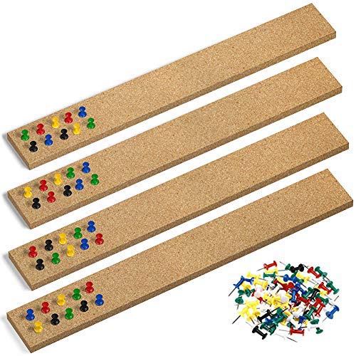 Tablero Corcho INTVN 4 PCS 5 x 38 cm Tablon de Anuncios de Corcho Panel de Corcho para la Oficina, 40 Chinchetas, Colgante, Marco de Madera, Cartón, Natural