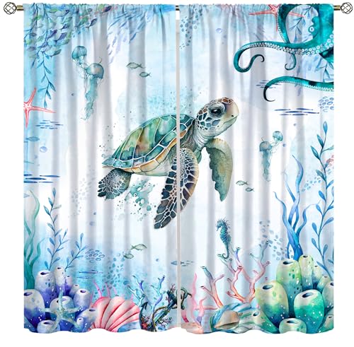 AAVEUP Turtle Ocean Curtains, Watercolor Cartoon Sea Animals Octopus Coral Shell Seahorse Jellyfish Window Treatments Drapes for Kids Boys Girls Bedroom Nursery Bathroom 42x45in?No Blackout?