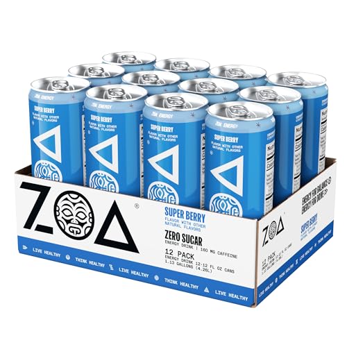 ZOA Zero Sugar Energy Drinks, Super Berry - Sugar Free with Electrolytes, Healthy Vitamin C, Amino Acids, Essential B-Vitamins, and Caffeine from Green Tea - 12 Fl Oz (12-Pack)