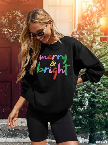 Image of Christmas Sweatshirt Women Merry and Bright Christmas T-Shirt Funny Xmas Lights Blouse Tops Holiday Shirts