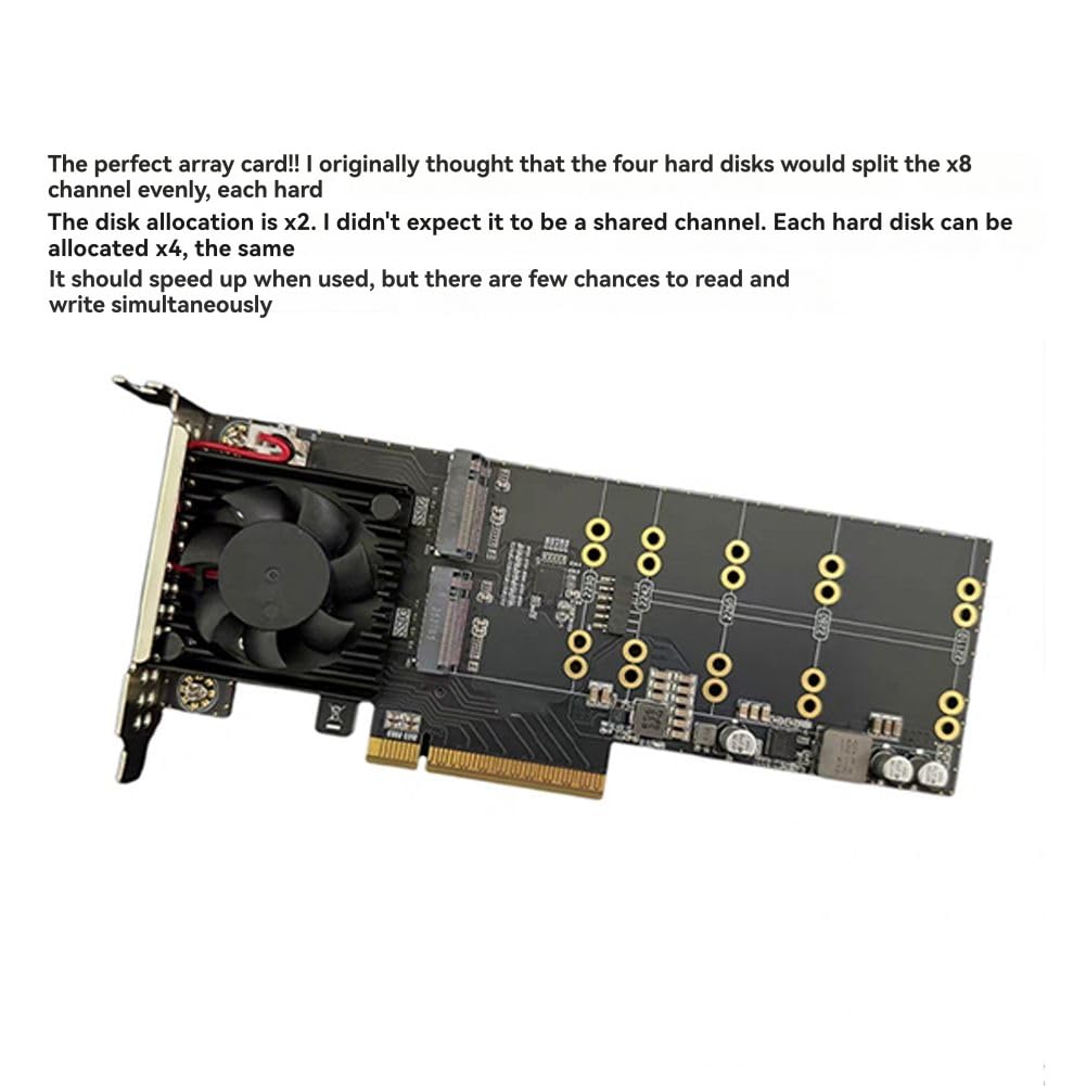 TsoLay PLX8747 PCIe 3.0 X8 4-Bay NVMe Erweiterungskarte Plug&Play - Halbhöhen-/Vollhöhen-Befestigungsset Unterstützt M.2 SSD mit Kühlventilator A