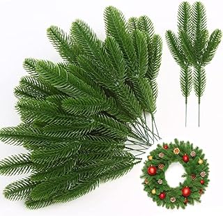 DIYASY 60PCS Artificial Pine Needles, Artificial Pine Branches 10 x 3.8 Inch Fake Christmas Greenery Picks for DIY Garland Wreaths Christmas Garden Party Home Decoration