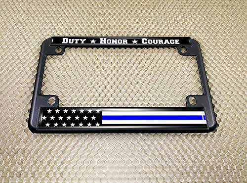 Motorcycle Metal License Plate Frame With Duty Honor Courage Thin Blue Line (Stripe) Usa Flag Design - Black #TOP4