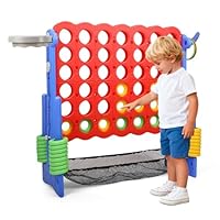 Giant Connect 4, 3-in-1 Giant 4 in a Row Garden Game with Adjustable Height, Basketball Hoop, 42 Jumbo Ring, Ring Toss, Garden Connect 4 Outdoor Game (Red & blue)