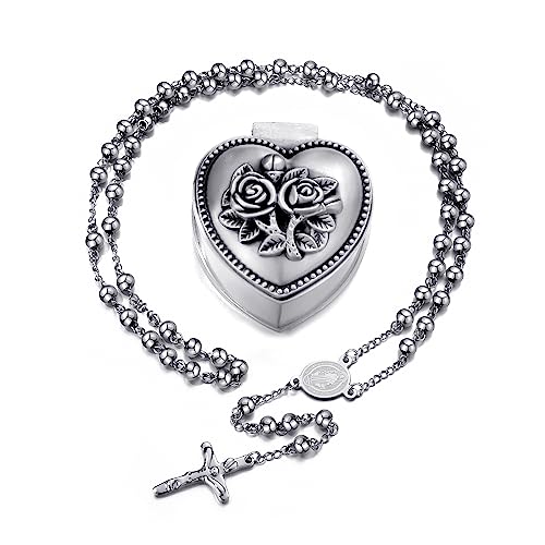 SZQCZB Collar católico de cuentas de rosario, regalos de primera comunión, con lujosa caja de metal, 1