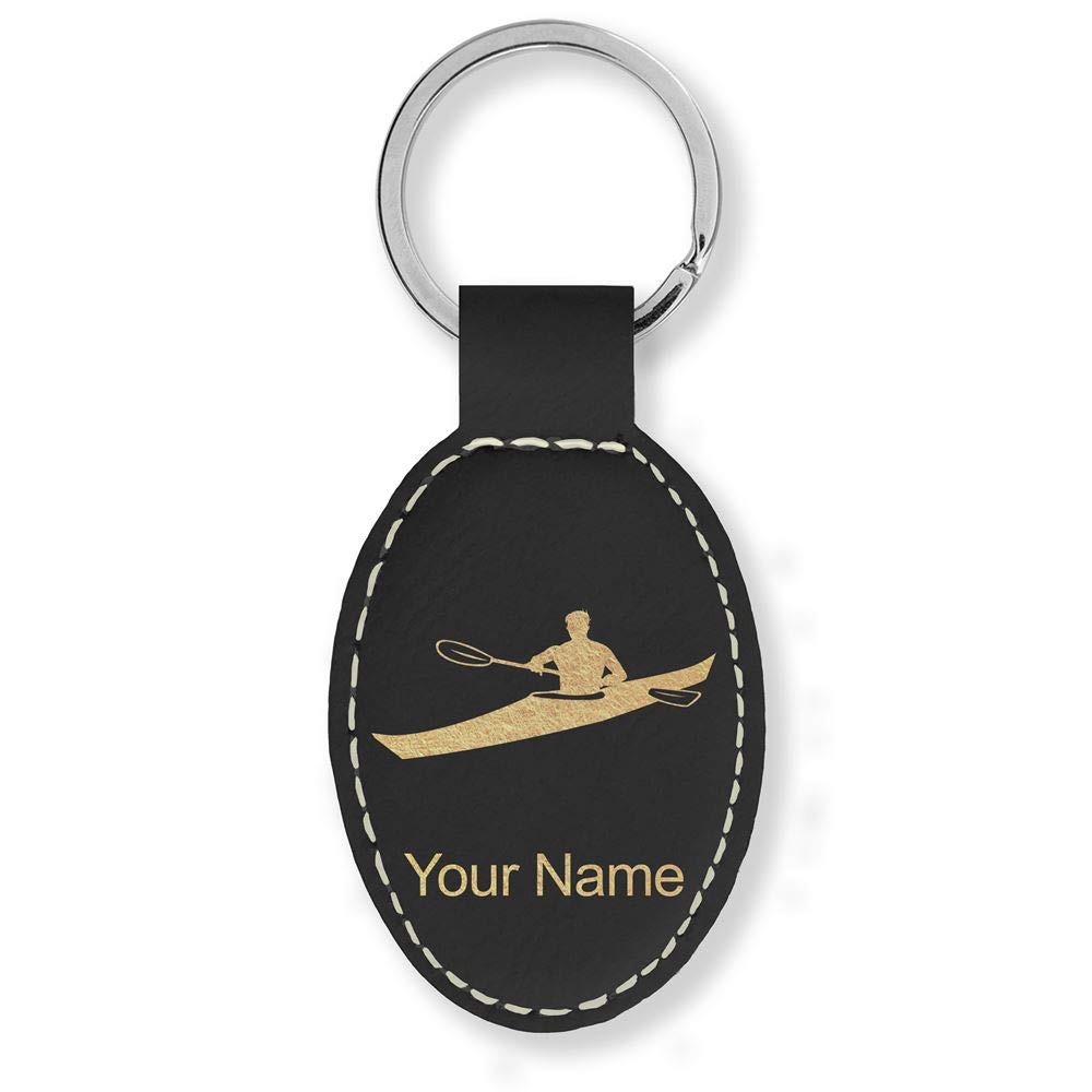 LaserGramLaserGram Oval Keychain, Kayak Man, Personalized Engraving Included (Black with Gold)
