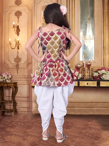 Image of Girls Ethnic Printed Peplum Top and White Dhoti Pant Set | Stylish Sleeveless Kurti with Comfortable Bottom | Traditional Festive Outfit for Kids