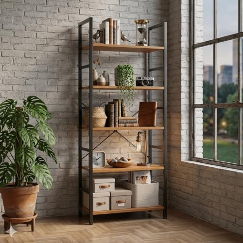 Image of HealSmart 5 Tier Bookshelf, Free Standing Book Shelf Home Office Bookcase Shelf Storage Organizer for Bedroom, Bathroom, Living Room, Office, Balcony, Wood