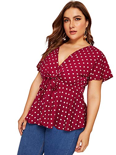 Romwe Womens Plus Size Polka Dots Knot Front Deep V Neck Short Sleeve Blouse Tops Red 2X Plus #TOP3