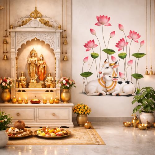 Image of Rangoli Cow Calf Lotus Wall Sticker 16 x 16 Inch Floral Spiritual Design Self Adhesive Wall Decor for Living Room Bedroom Pooja Room Traditional Wall Art