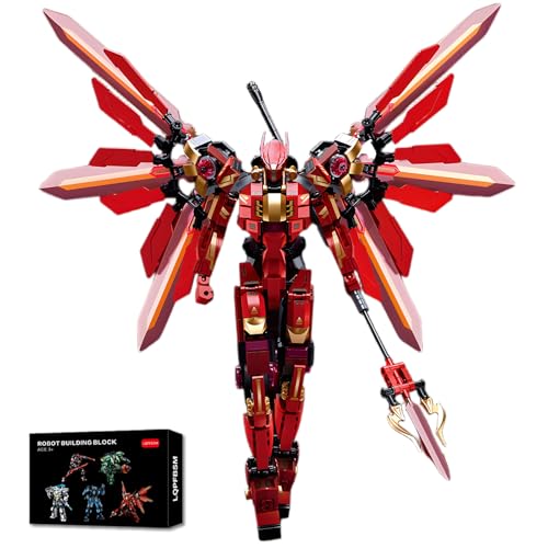 Image of Red Mecha Building Set 511 Pieces Winged Robot Action Figure with Halberd Weapon Fully Articulated Warrior Construction Toy, Collectible Anime Model Kit Gift for Adults Teens
