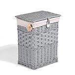 Premium Grey Paint Wicker Laundry Basket Cotton Lining With Lid Bathroom Storage (Small)