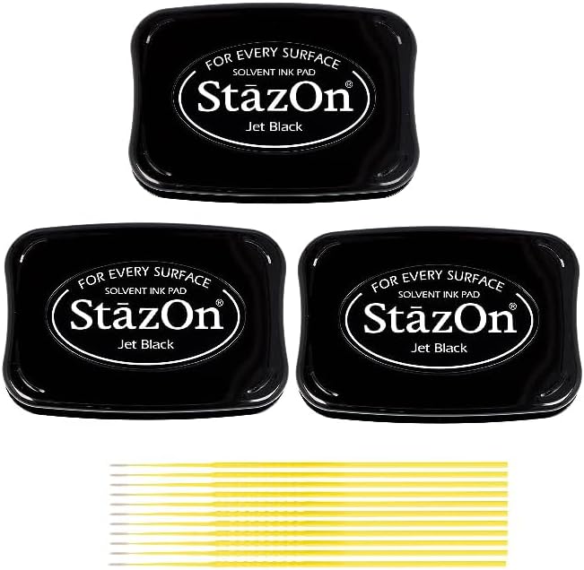 StazOn Multi-Surface Solvent Ink Pad Bundle - 3 Pack StazOn Jet Black Solvent Ink Pads - with Trebbies Fine Detail Sticks