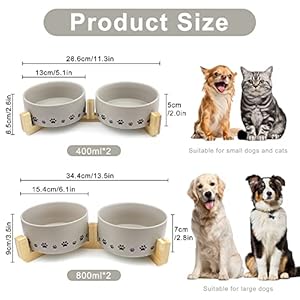 Ptlom Ceramic Pet Bowls for Dogs and Cats, Raised Dog Food and Water Bowl Set with Anti-Slip Wooden Stand, Pets Dish Feeding Bowls Suitable for Small, Medium, and Large Cats Dogs, Grey, 14 Oz