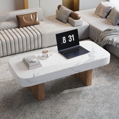 Casvik White Marble Finish Coffee Table for Living Room – 39' Low Profile Rectangular Center Table with Rounded Corners | Modern Minimalist Design, Wood Oak Legs, Lightweight & Easy Assembly