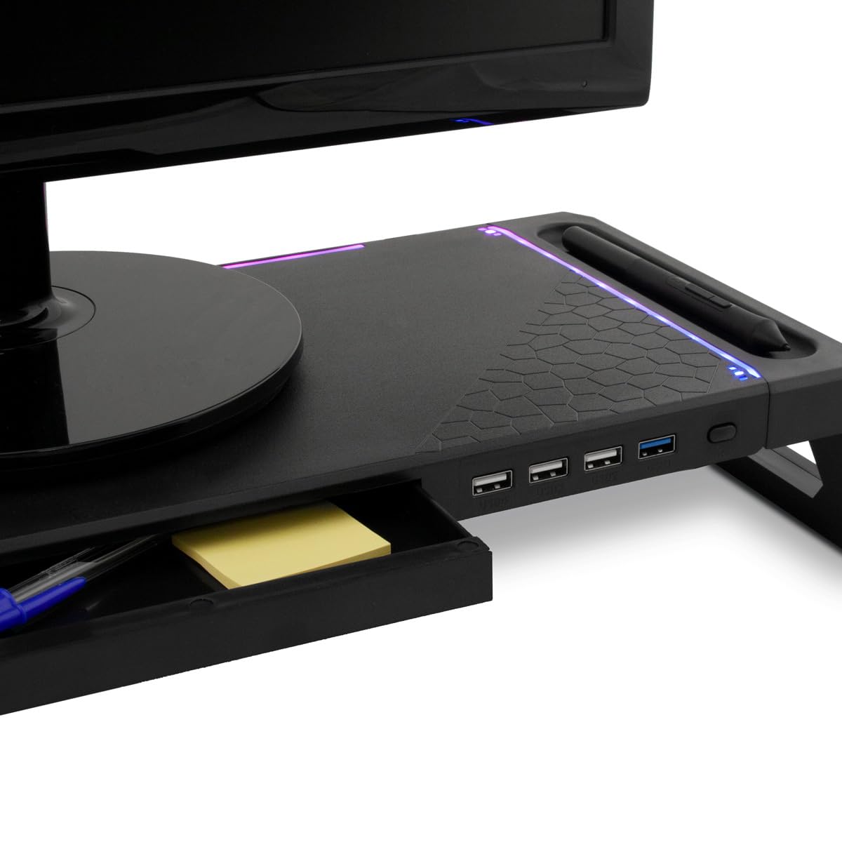 SN06 Soporte de Monitor para Escritorio Gaming con Cajón de Almacenamiento, Soporte para Móvil, 10 modos de Ilulimación RGB y Hub USB de 3 Puertos (1 x USB3.0 + 2 x USB2.0). Negro