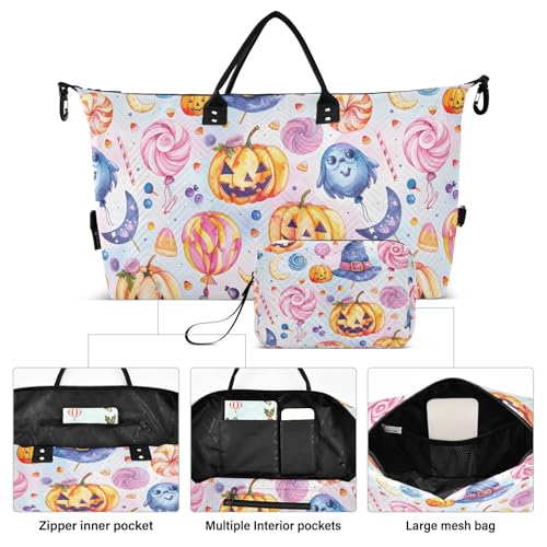 Halloween Travel Gym Bag, Pumpkin Magic Hat Candy Weekender Overnight Duffle for Women with Toiletry Bag Travel Swim2