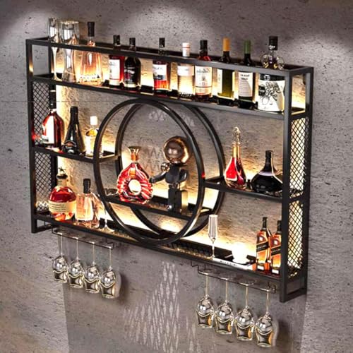 GWLQRTXV X3 39in Wine Rack with LED Lighting Wall Mounted Glass Holder, 3-Tiers Liquor Bottles...