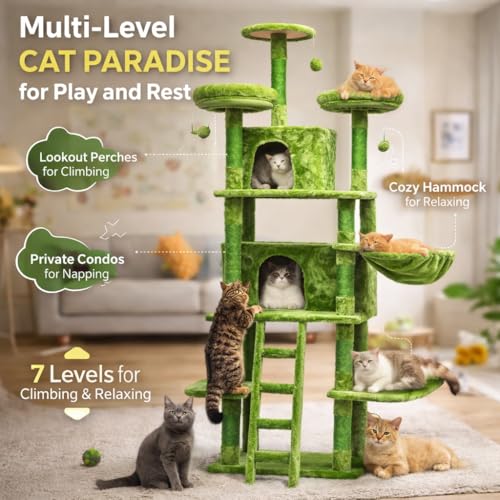 Rascador para gatos verde con 7 niveles y 2 condos miniatura 7