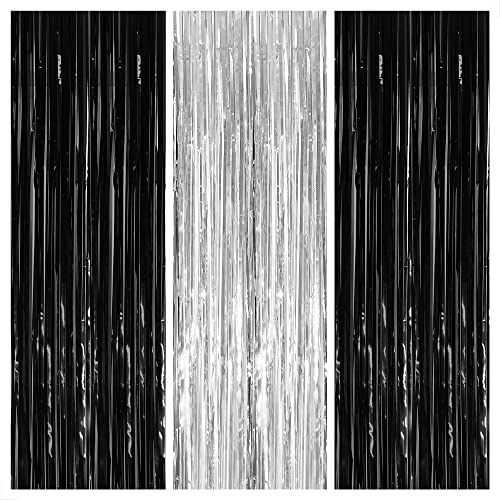 Image of KatchOn, 3Pcs Silver and Black Foil Fringe Curtain - 3.2x8 Feet, Silver & Black Backdrop Curtain for Black and Silver Party Decorations Graduation Photo Booth Backdrop for Graduation Decorations 2026