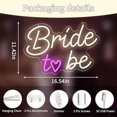 Image of Bride to Be Wedding Sign, USB Powered Neon Signs with Dimmer and Sticky Hook, Hanging LED Light Sign Decorations, Home Decor for Bedroom Party Wall 16.54 * 11.42 inch