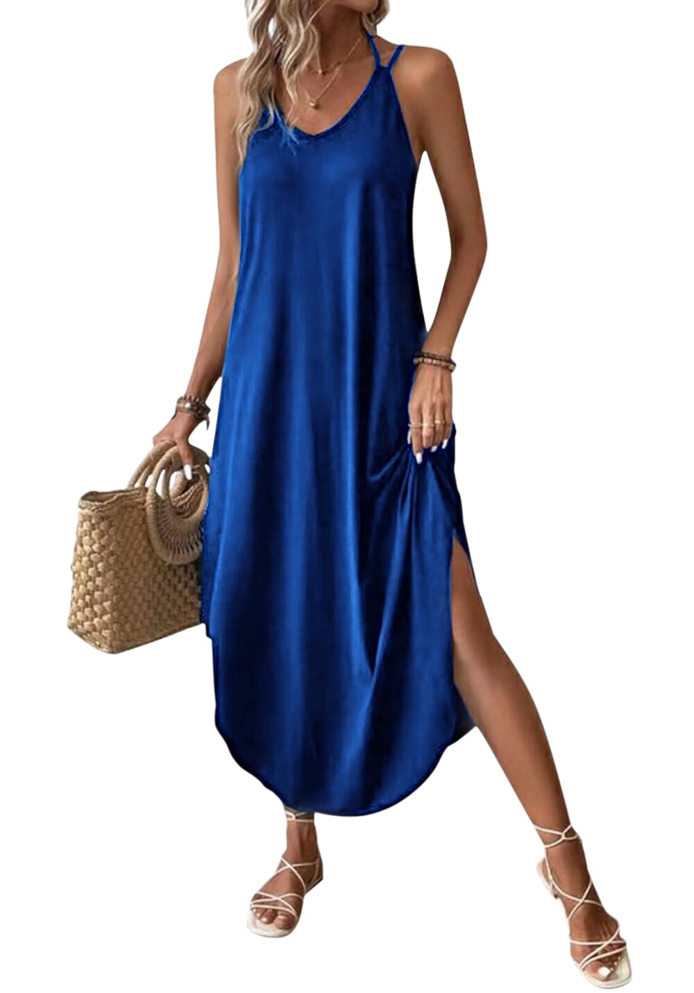Chicrise Damenkleid, Sommer, V-Ausschnitt, Maxikleid, ärmellos, locker, langes, fließendes Sommerkleid, geteilt, lässig