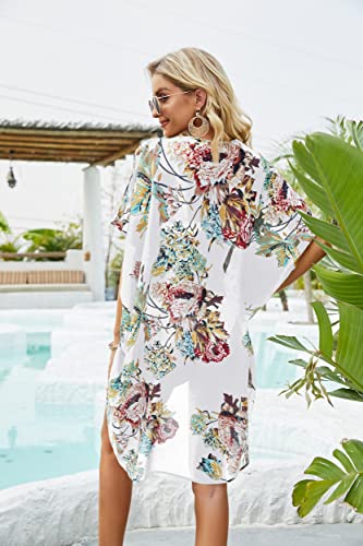 Women's Floral Print Puff Sleeve Kimono Cardigan Loose Cover Up Casual Blouse Tops Oversized Beach4