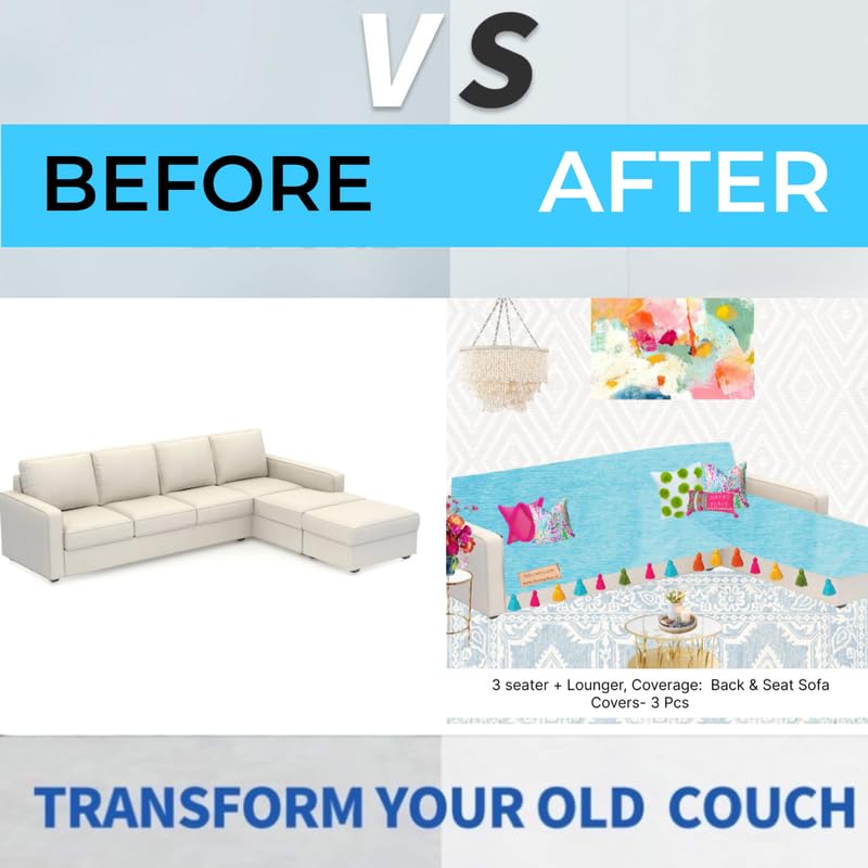 Image of Blue Sofa Cover Multicoloured Tassels: Sectional Sofacover: Thick Fabric, Seat & Front Back Protection -Set of 2 Seat Covers & Single Back Cover- L Shape Sectional (3 Seater + 2 Seater Lounger)