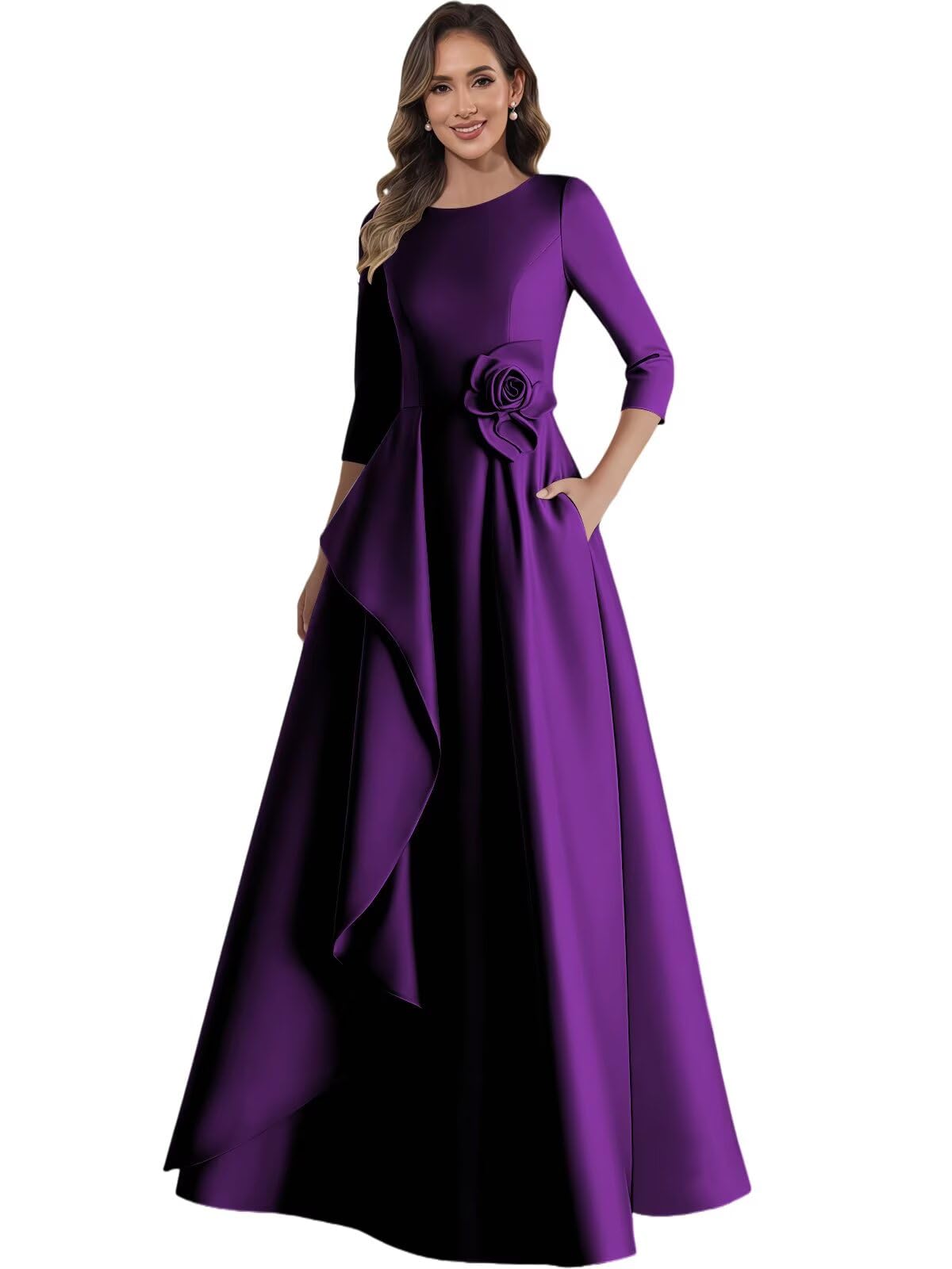 Long Sleeve Mother of The Bride Dresses for Women Satin Ruffle Fall Formal Evening Dresses with Pocket
