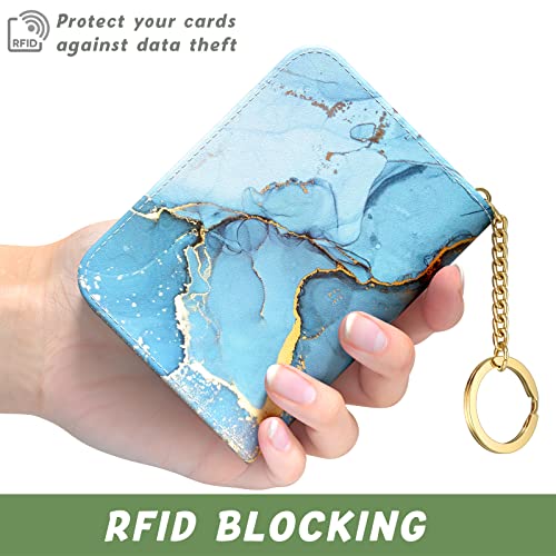 Image of Aiawoxc Credit Card Holder for Women, Small RFID Wallet Slim Leather Card Organizer Case with Zipper Keychain, Light Blue Marble
