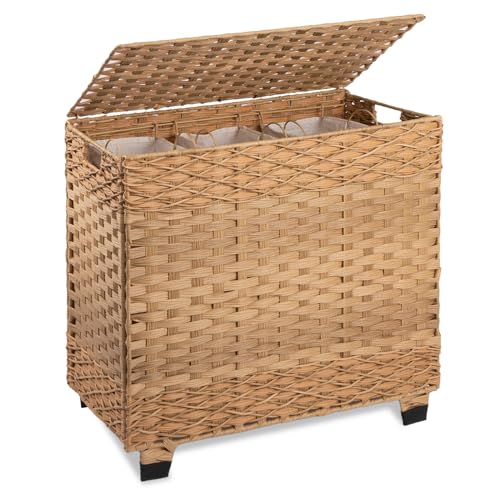 OIAHOMY Laundry Hamper with Lid, 140L Synthetic Rattan Clothes Hamper with Handles, Handwoven Large Laundry Basket with 3 Removable Liner Bags, Foldable, Laundry Room, 27*13*26 Inches, Gradient Yellow -  STYL-B-135-02