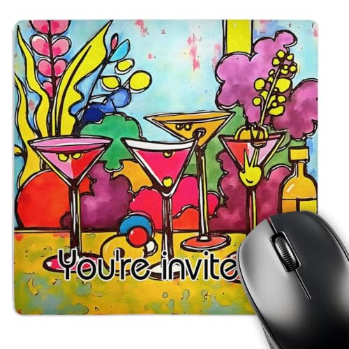 3dRose, Party Invitation Martini Glasses and Summer Flowers Black Outline Art, Mouse Pad