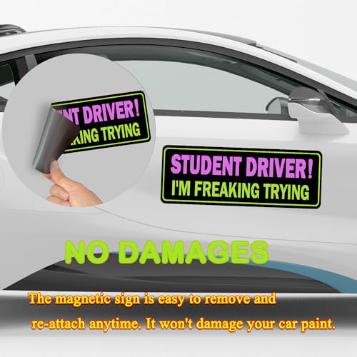 Image of 3 Pack Student Driver Magnet for Car, Magnetic Student Driver Sign for Vehicle, Reflective Warning Bumper Sticker Magnet Sign for New Driver, 10 inch x 4 inch (Black-PinkYellow)