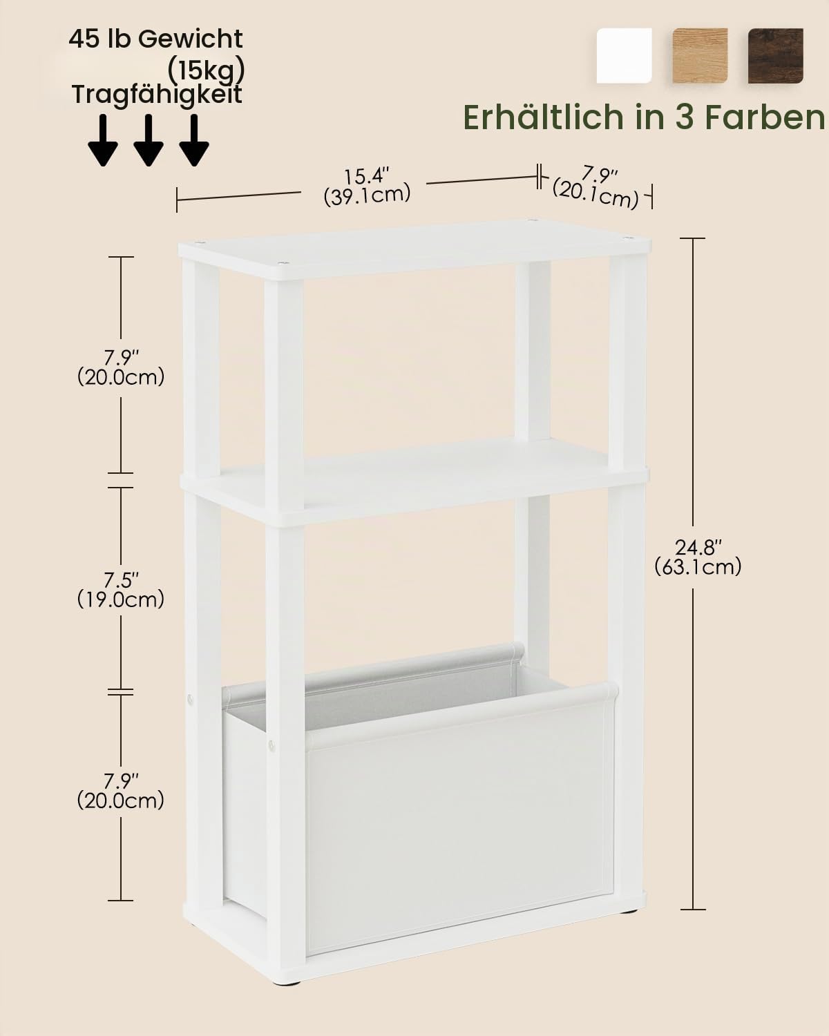 Beistelltisch Schmal mit Stauraum, Schmale Beistelltisch mit Beutel, 3-stufiger schmale Nachttisch, Kleiner Couchtisch für kleine Räume,Schlafzimmer,Wohnzimmer,Büro(Weiß)