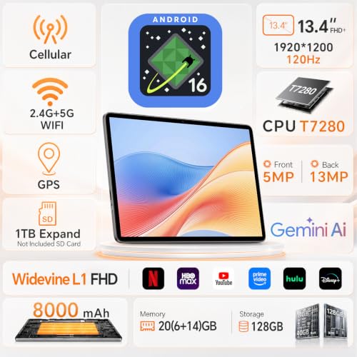 TECLAST 13 inch Android 16 Tablet 26GB RAM 128GB 120Hz Gaming Tablet 4G LTE