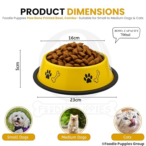 Image of Foodie Puppies Stainless Steel Dog Bowl Combo - (Medium, 700ml) Food and Water Feeding Gift Bowl | Suitable for Dogs, Cats and Other Pets I Paw Bone Print, Anti-Skid Rubber Base (White + Yellow)