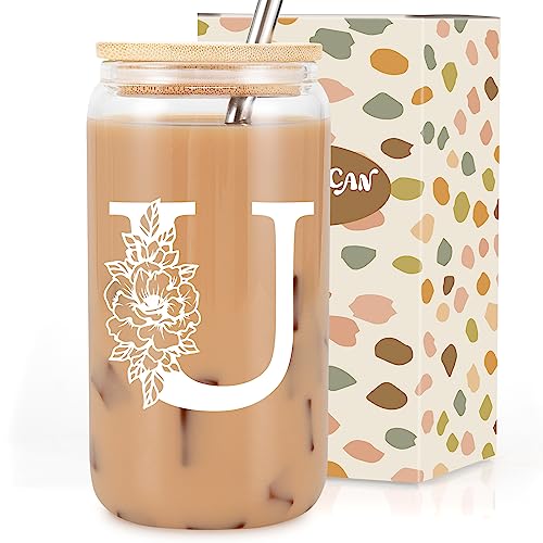 Image of Coolife Initial Glass Cup, Monogrammed Gifts for Women, 16 oz Tumbler w /Lid | Iced Coffee Smoothie Beer Tumbler w /Straw Lid - Personalized Christmas, Birthday Gifts for Woman Her Mom Friend