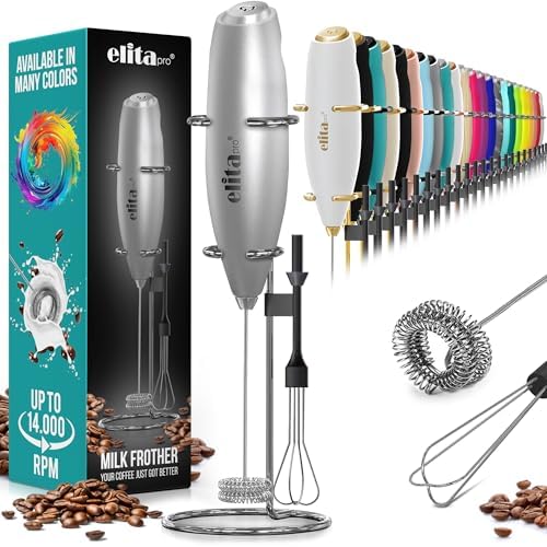 ELITAPRO ULTRA-HIGH SPEED Milk Frother – Double Whisk Handheld Foam Maker – 2-in-1 Drink Mixer – Detachable Egg Beater – Frother Wand for Matcha, Coffee, Latte, Cappuccino, Hot Chocolate (Silver)