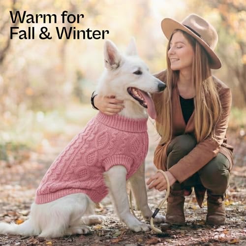 Image of Parisian Pet Dog Sweaters - Pull Over, Turtle Neck Pink Dog Sweater - Cable Knit Thick Sweater - Fall, Winter Clothes - Flexible Arm Holes Large Dogs Sweaters for Girl Dogs - L