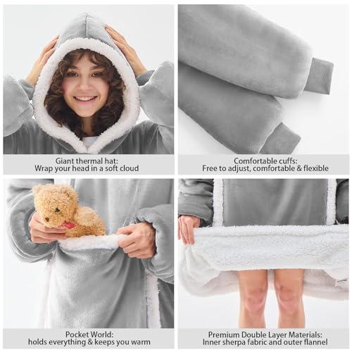 JOYWOO Wearable Blanket Hoodie,Oversized Cat Lovers Sweatshirt Blanket for Adult & Teens, Birthday Gifts for Women Men Mom Girl Boys,Cozy Sherpa Fuzzy Blanket Giant Pocket Gifts,Silver Grey Small