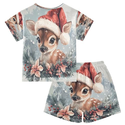 ALAZA Christmas Deer Floral Watercolor Pajamas Set Short Sleeve Cotton Sleepwear Summer Pjs 2 Piece 5-14Y2