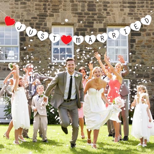 Just Married Girlande,Deko Hochzeit Girlande,Vintage Wimpelkette,Just Married Auto Deko Hochzeit Banner für Wedding Brautdusche Hochzeitszeremonie(Herzform)