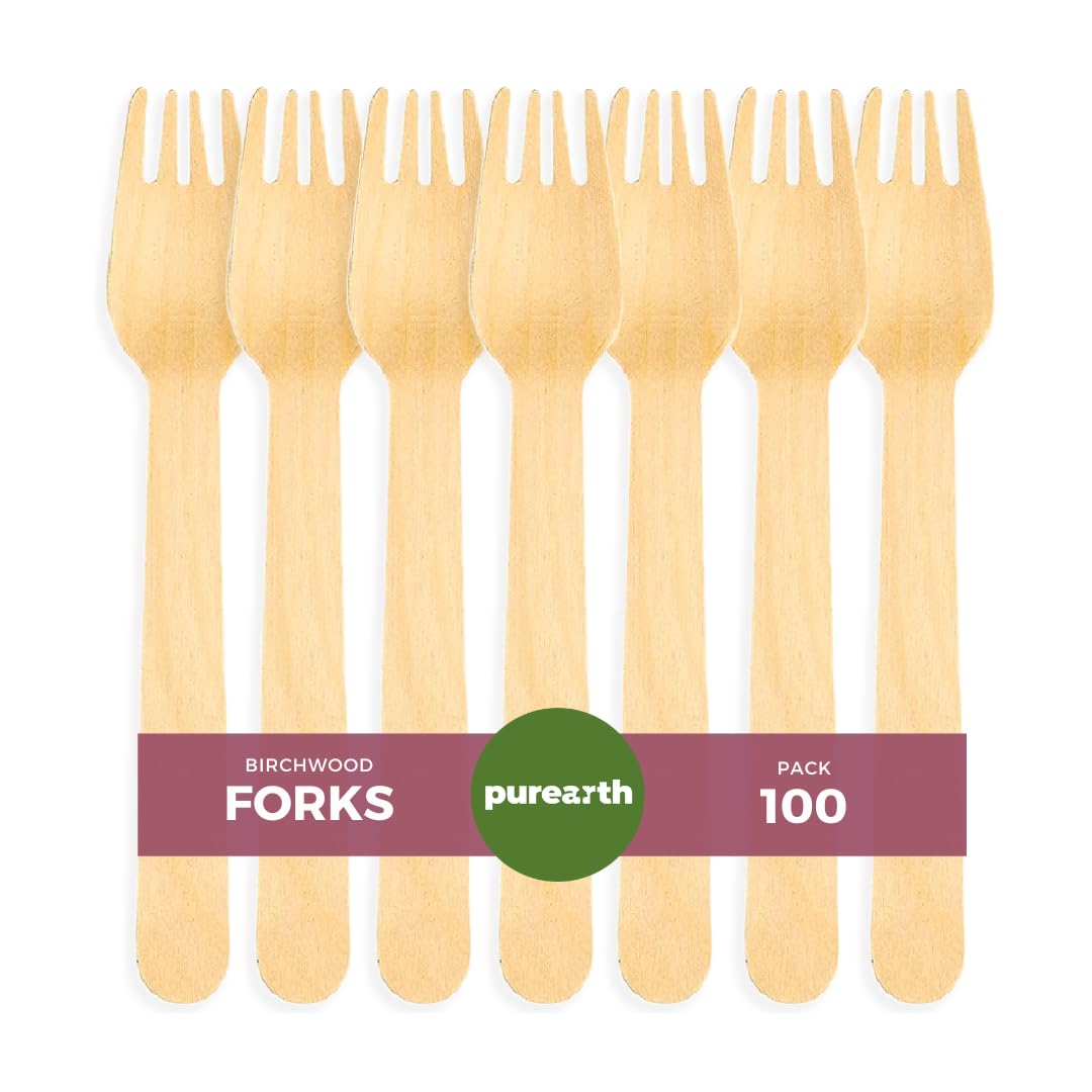 Purearth Disposable Wooden Cutlery Set - Alternative to Plastic, Eco Friendly, Biodegradable, Compostable Cutlery Pack, Natural Disposable Utensils Set (Wooden Forks 100 Pcs)