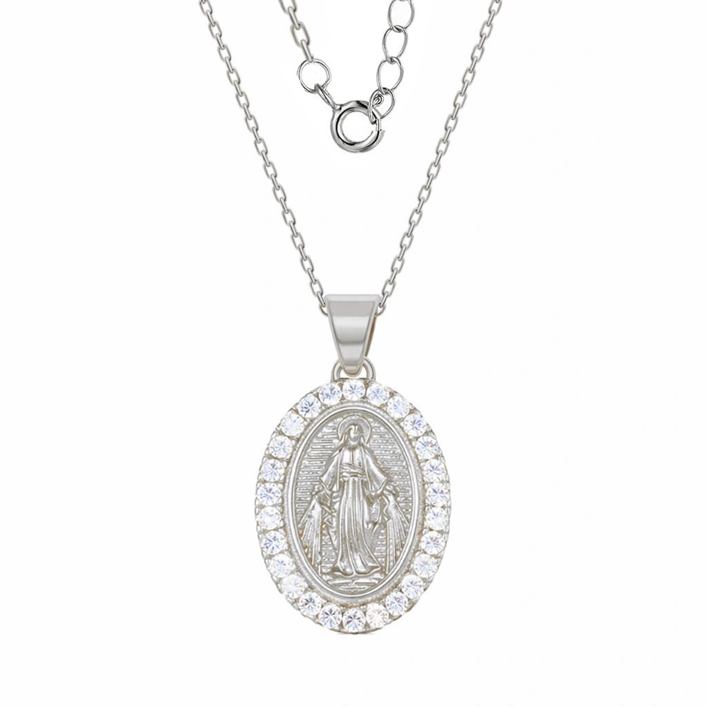 Sakrami Collana Donna Ragazza Argento 925 con Madonna Miracolosa e Zirconi – Ciondolo Ovale Luminoso, Scatola Personalizzabile – Idea Regalo per Comunione, Cresima, Compleanno